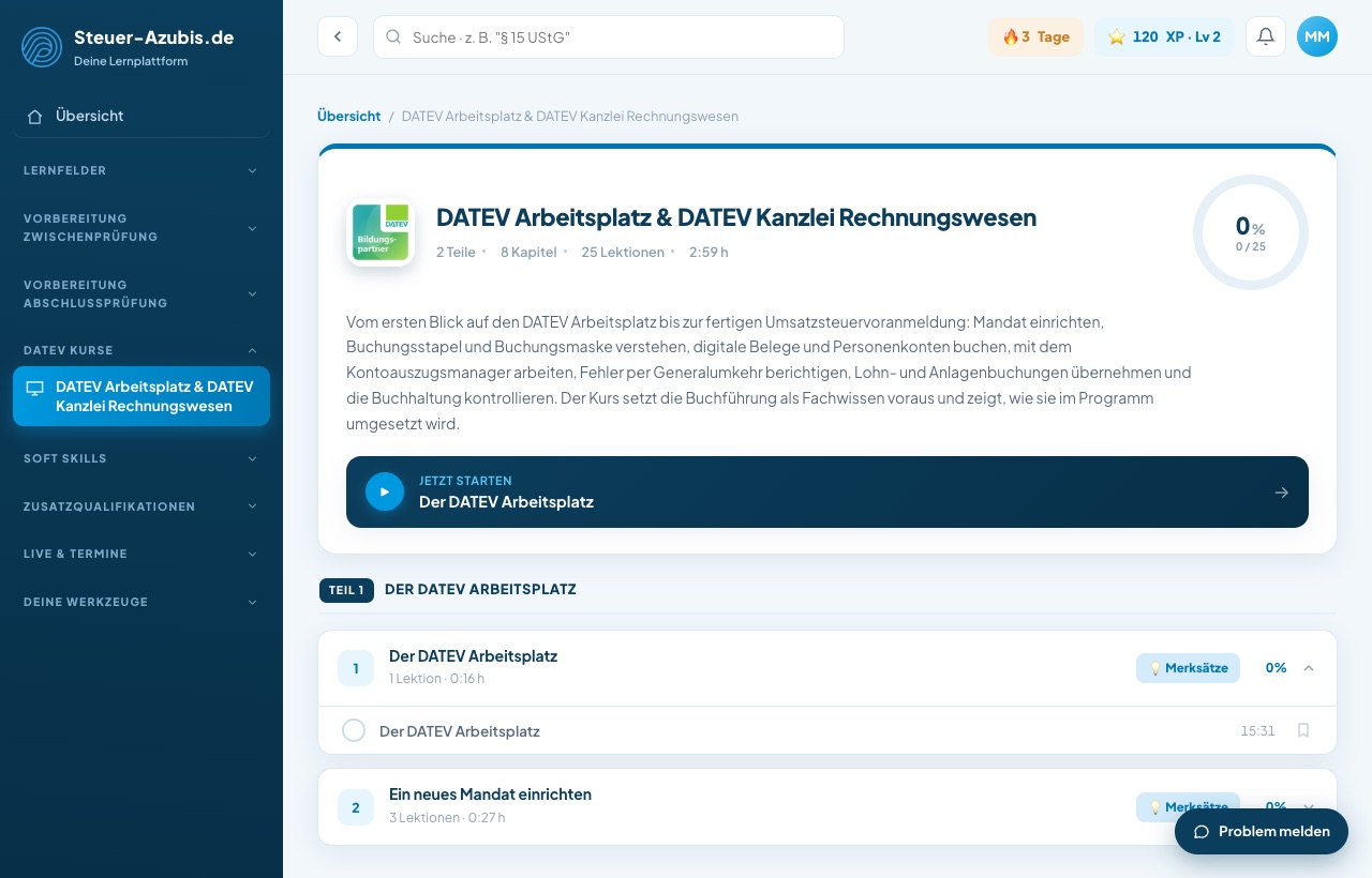DATEV-Kurs Arbeitsplatz und Kanzlei-Rechnungswesen mit Teilen und Kapiteln