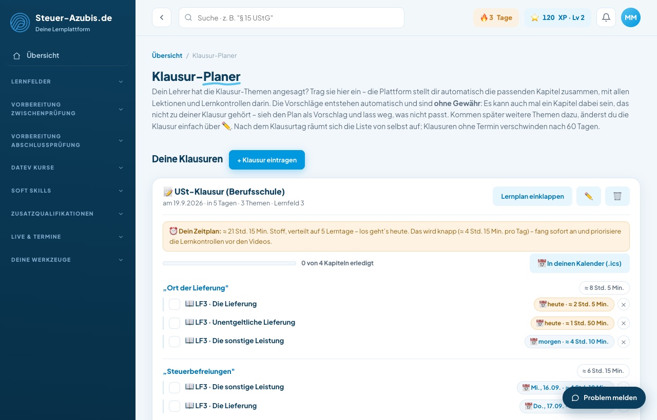 Klausur-Planer mit Lernplan: passende Kapitel und Lerntage bis zur Klausur