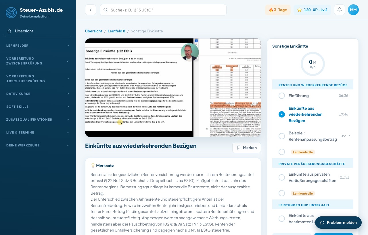 Lektion mit Lernvideo, markiertem Gesetzestext, Merksatz und Kapitelübersicht