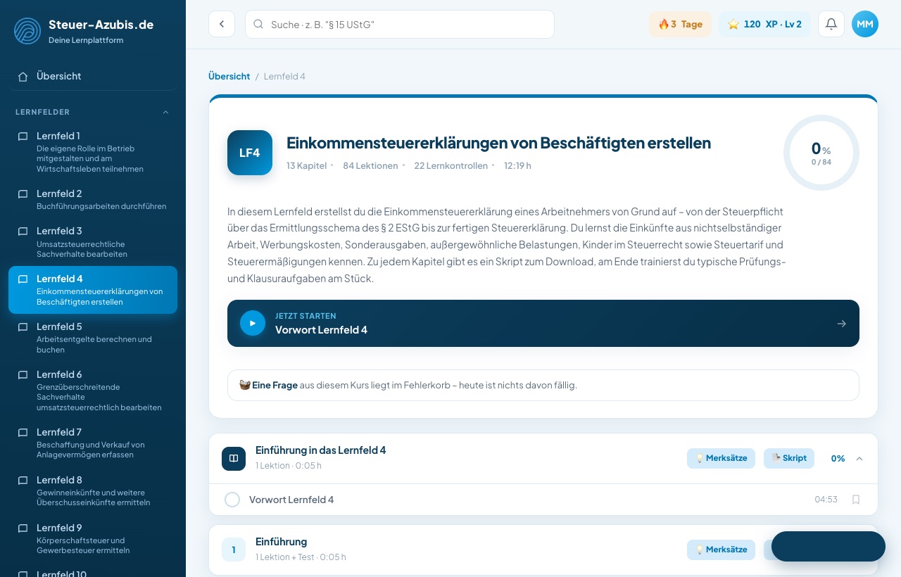 Kursansicht Lernfeld 4 mit allen elf Lernfeldern in der Seitenleiste