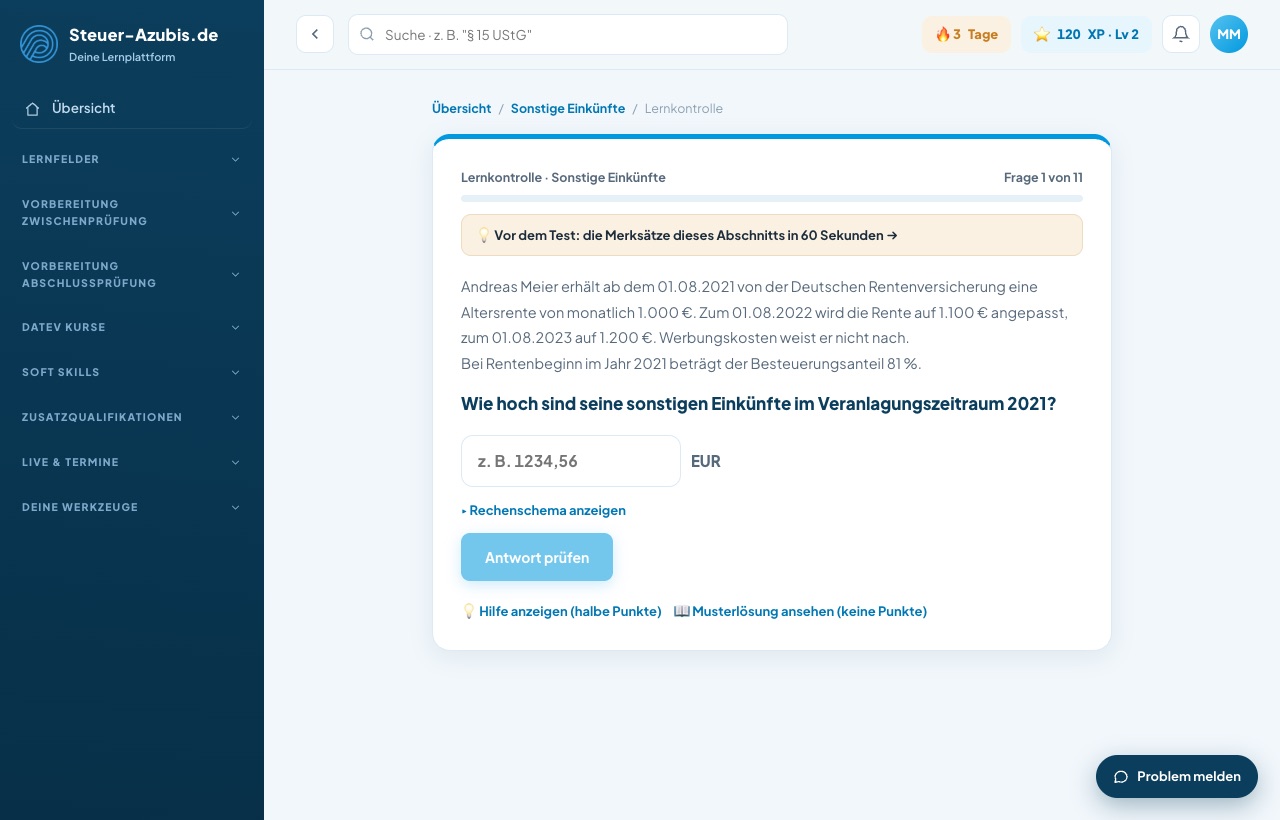 Selbsttest mit Rechenaufgabe, Rechenschema, Hilfe und Musterlösung