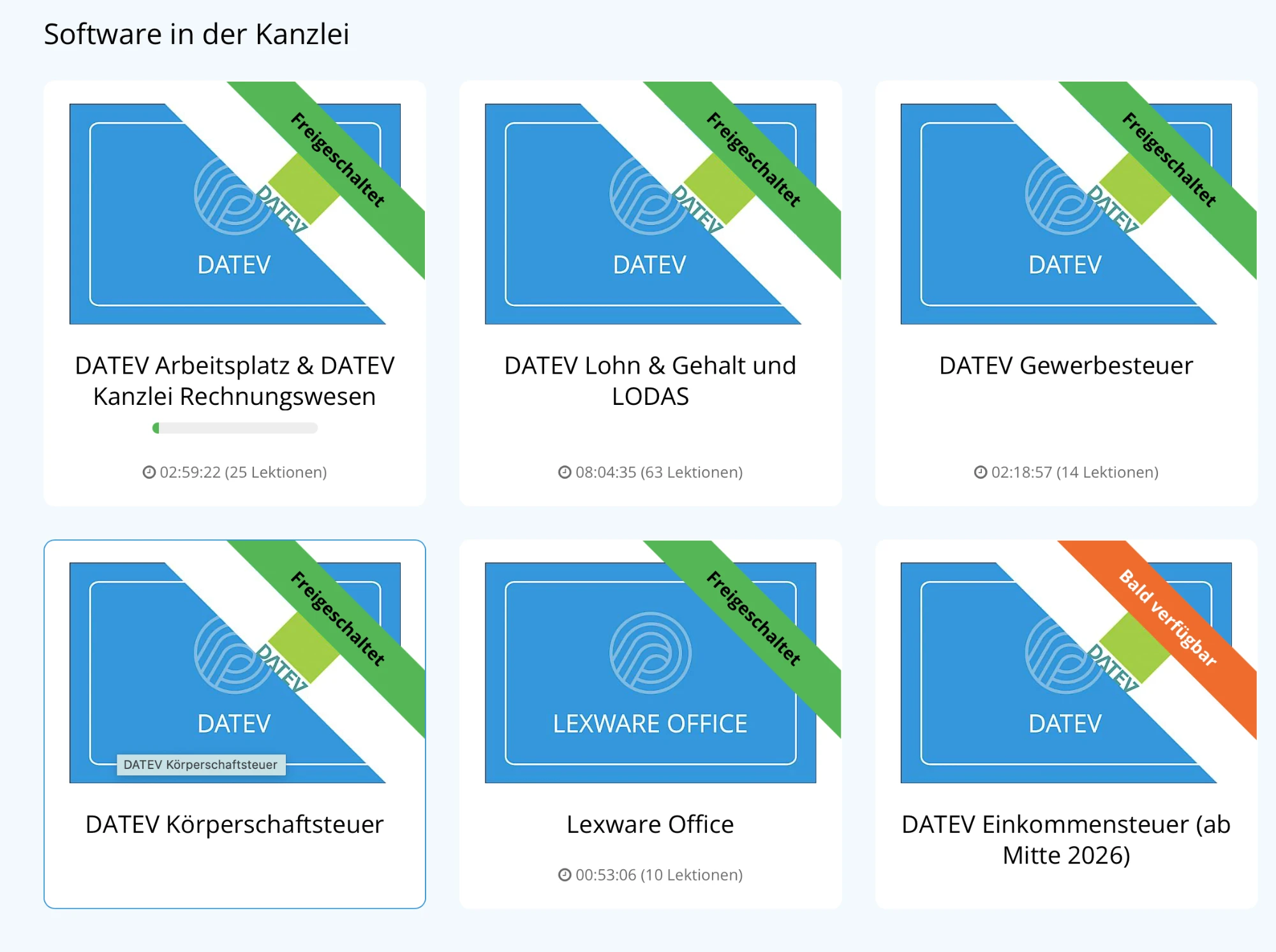 Übersicht der DATEV-Kurse: Kanzlei-Rechnungswesen, Lohn und Gehalt, LODAS, Gewerbesteuer, Körperschaftsteuer, Lexware