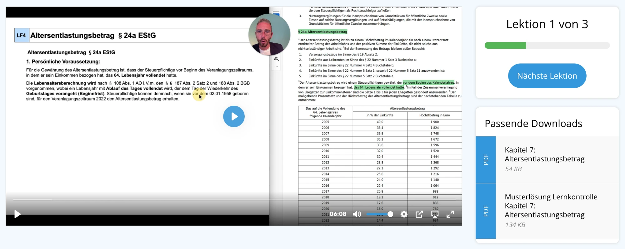 Lektion mit Lernvideo, markiertem Gesetzestext, Fortschrittsanzeige und PDF-Downloads